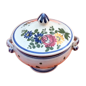 Small broth on pedestal Polychrome earthenware decorated with flower throws...