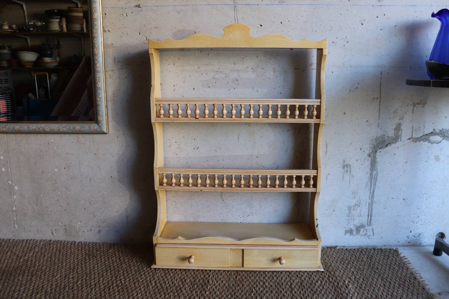 Vintage painted turned wood wall shelf