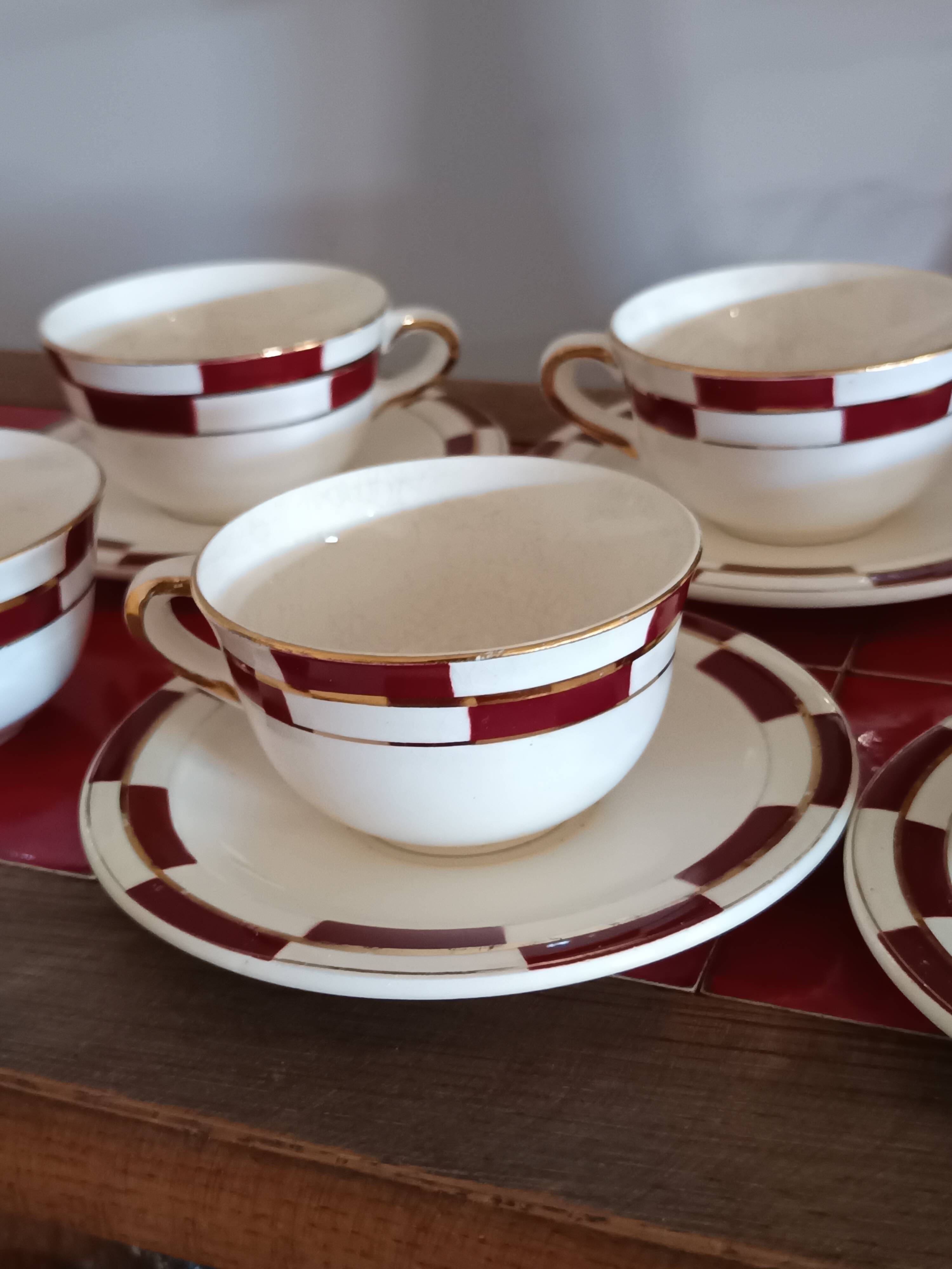 10 vintage coffee cups and 9 saucers, Salins earthenware, 1950