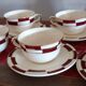 10 vintage coffee cups and 9 saucers, Salins earthenware, 1950