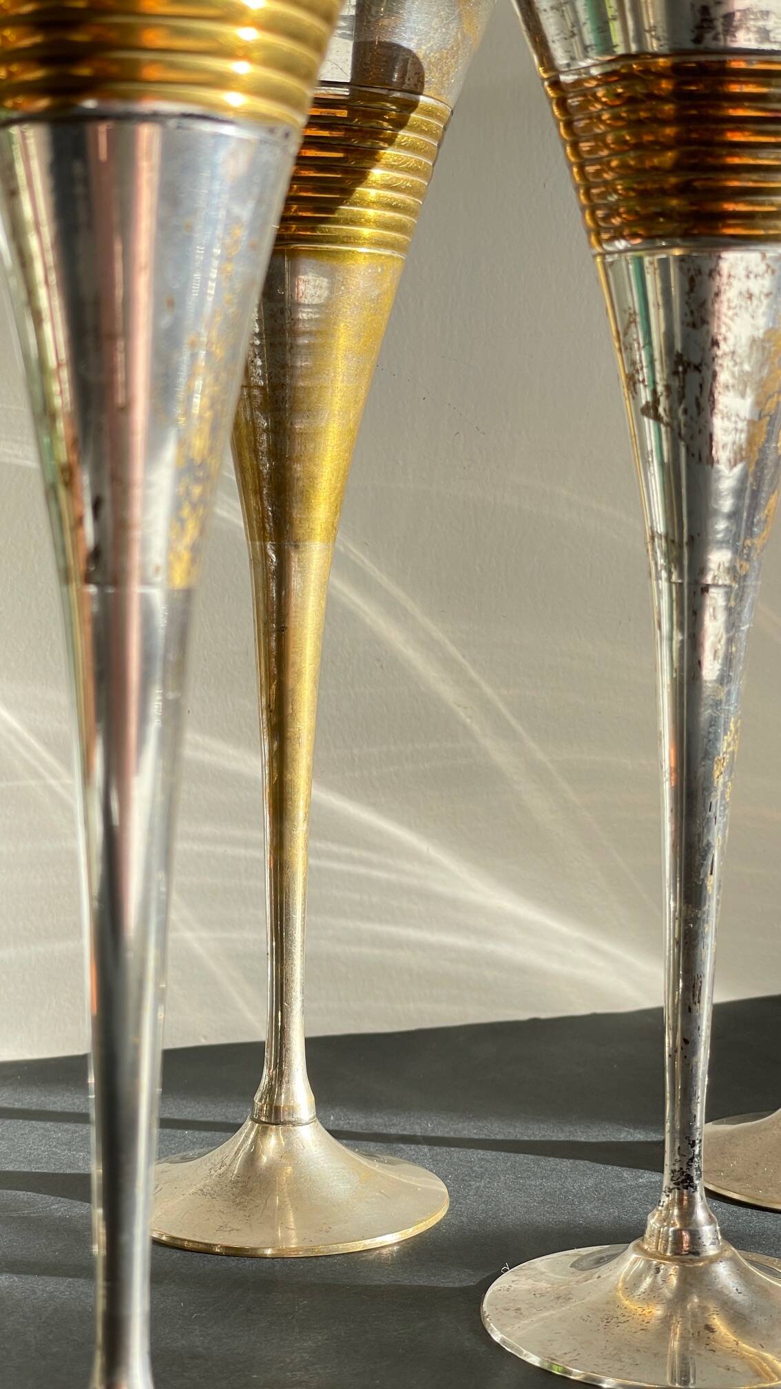 6 Vintage Silver-Plated Brass Champagne Flutes