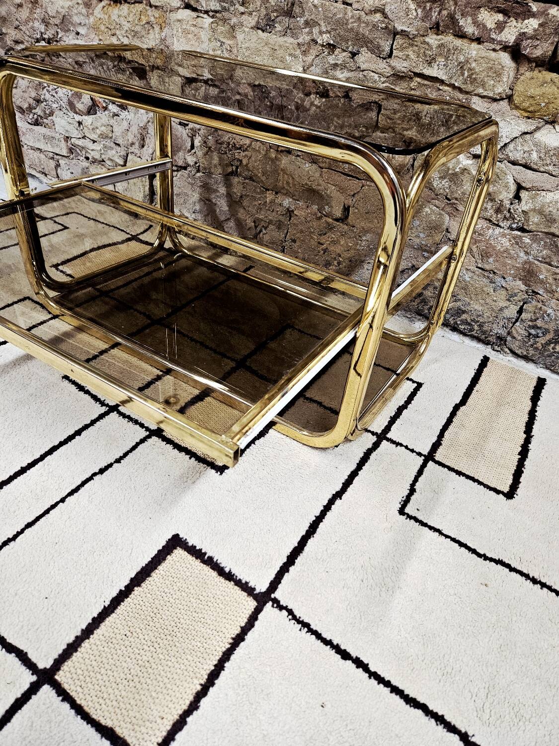 Brass coffee table with sliding top and smoked glass, 1970s vintage