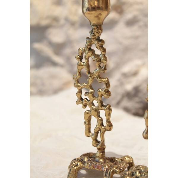 Pair of gilded bronze candlestick holders in brutalist style from around 1970.