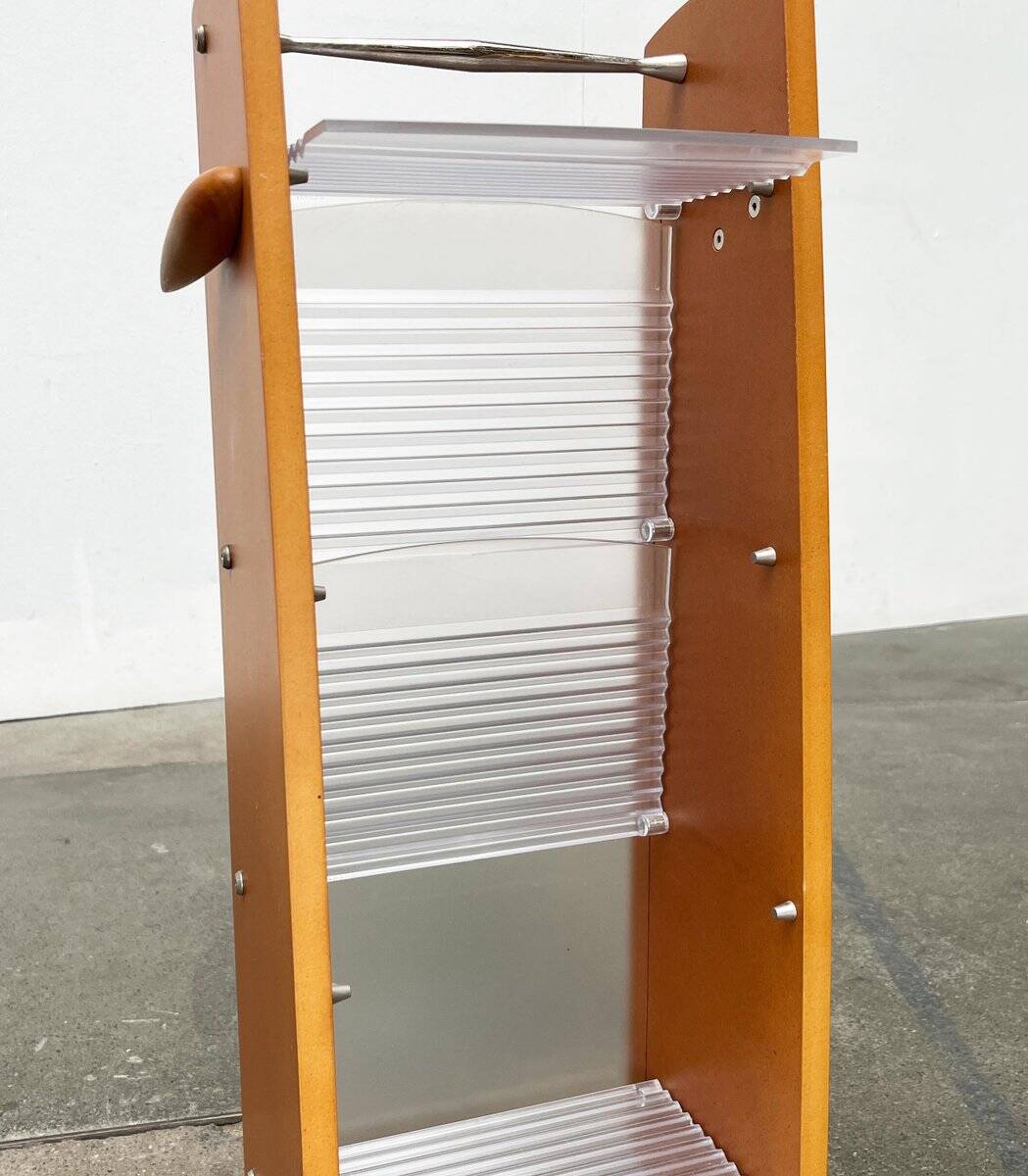 Postmodern CD storage unit in wood, metal, and plastic by Ezech, 1980s.