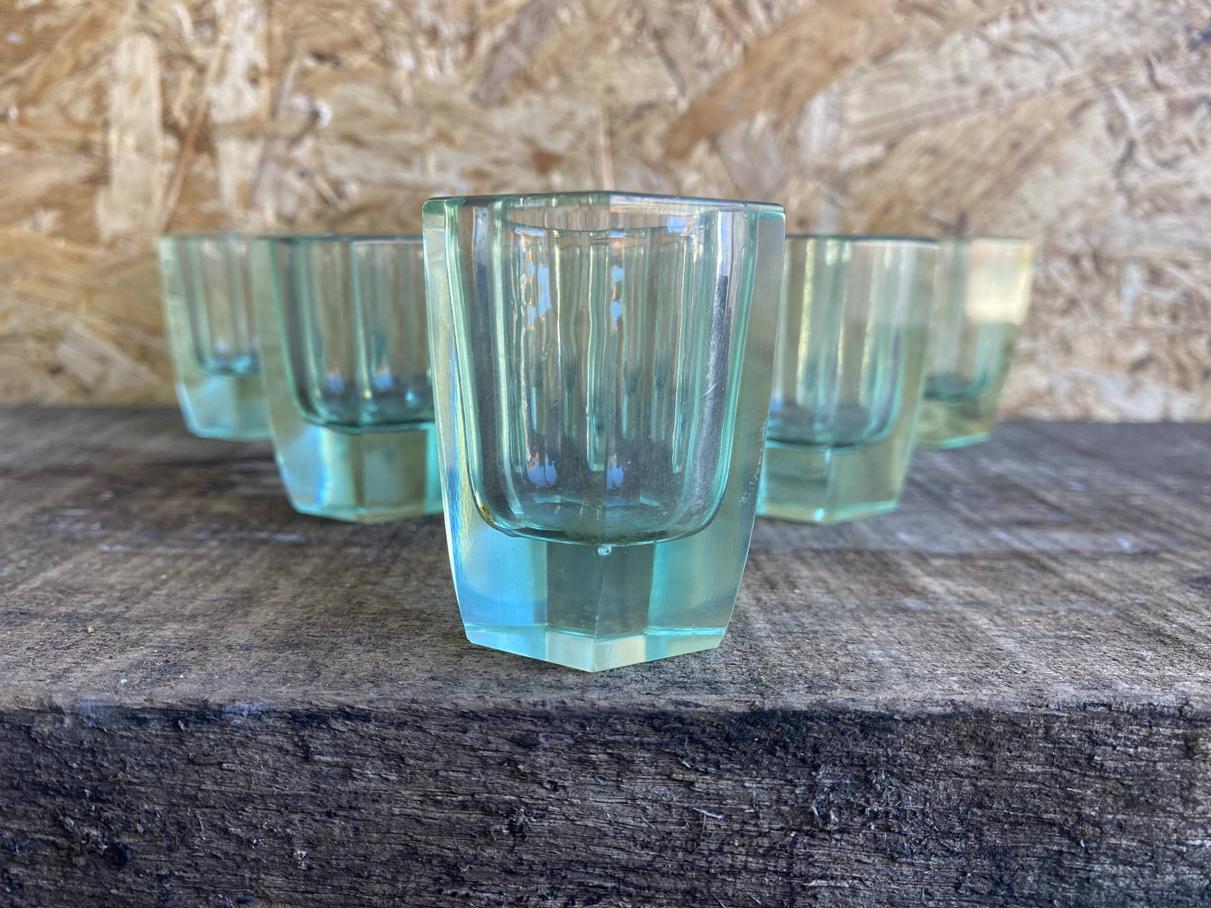 Set of 6 antique liqueur glasses moser moulded uranium glass beryl art deco