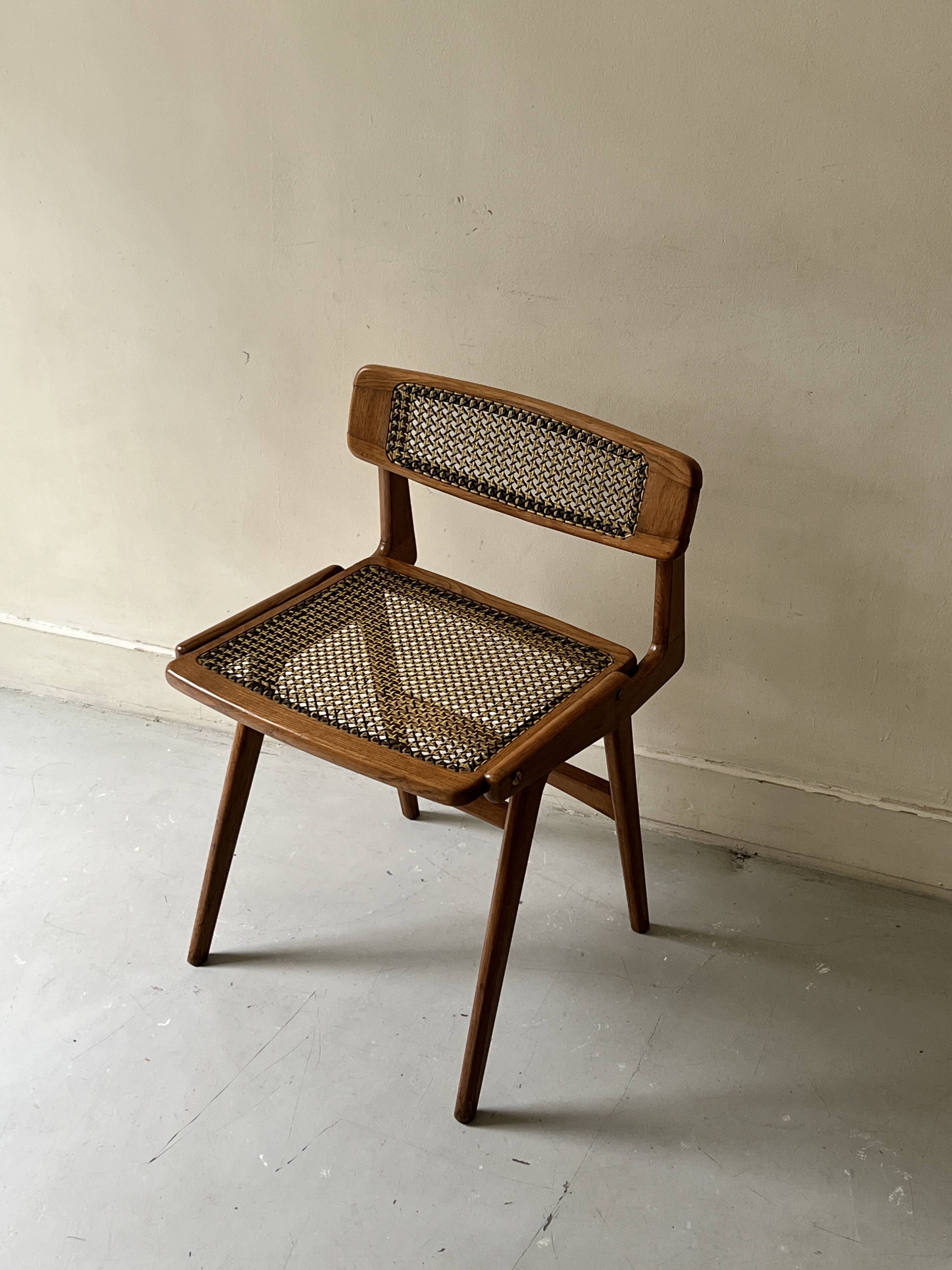 Teak wood and cane chair design, SNA Roset / Landault 1950-60