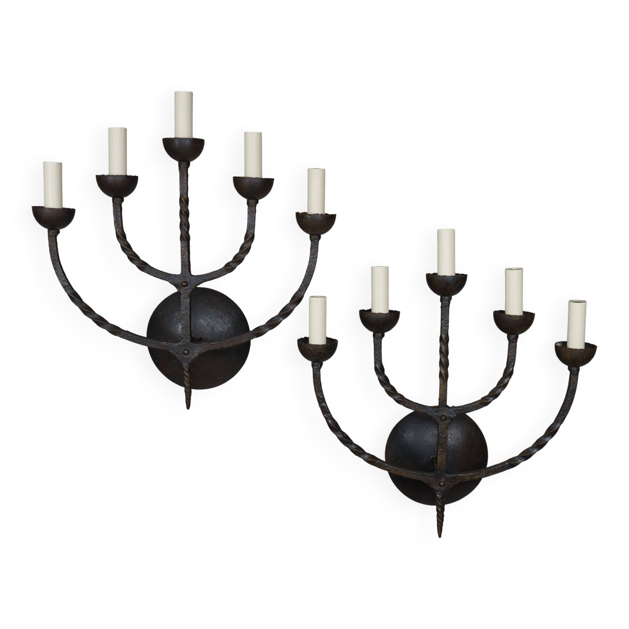 Pair XL Vintage 1950s French Brutalist 5-Arm Wrought Iron Wall Lamps