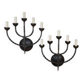Pair XL Vintage 1950s French Brutalist 5-Arm Wrought Iron Wall Lamps