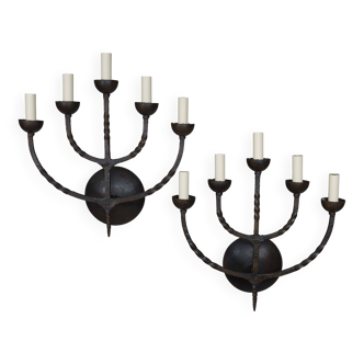 Pair XL Vintage 1950s French Brutalist 5-Arm Wrought Iron Wall Lamps