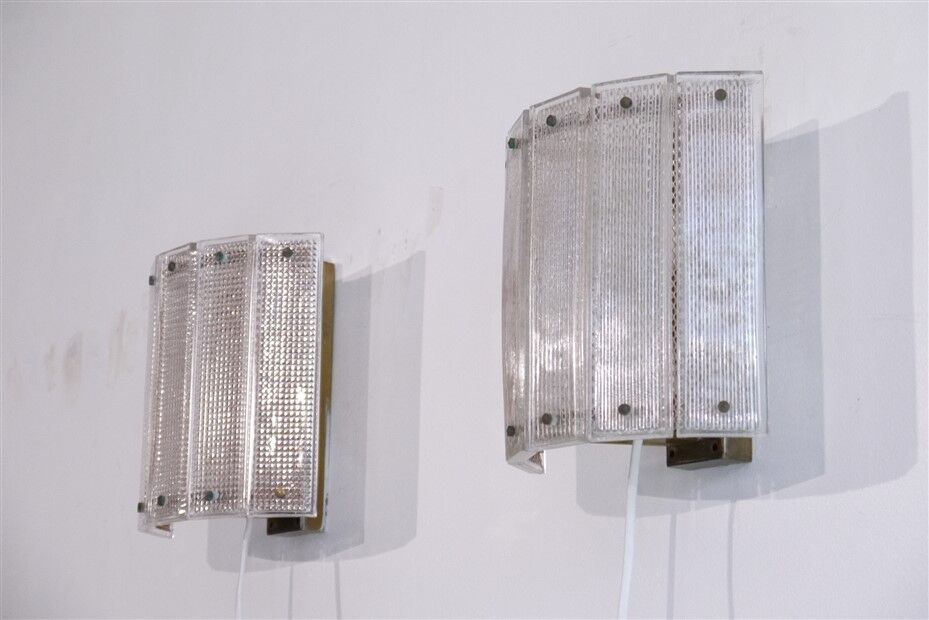 Pair of Scandinavian wall lights in brass and glass 1970