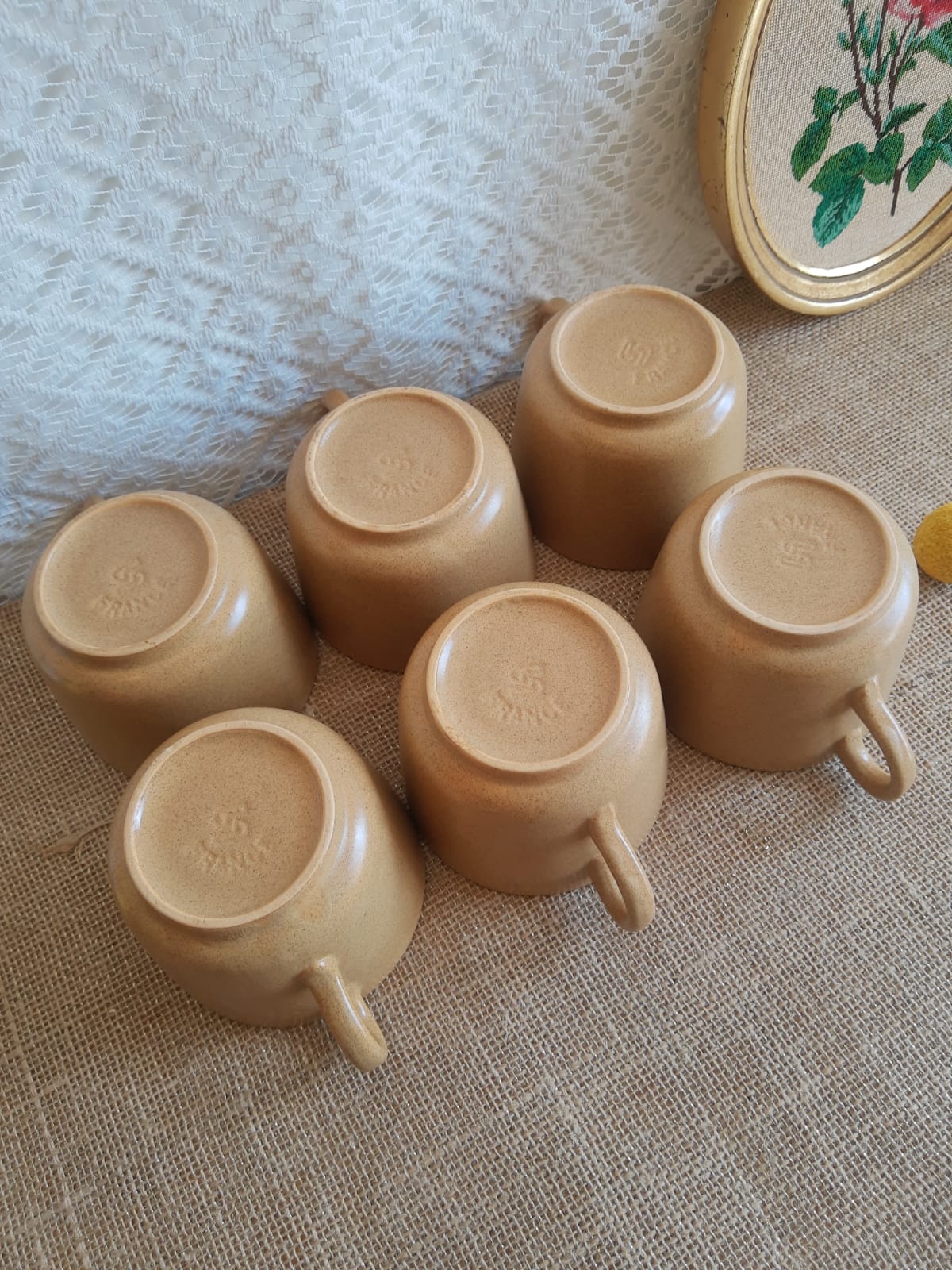 Set 6 coffee cups in sarreguemines sandstone france vintage