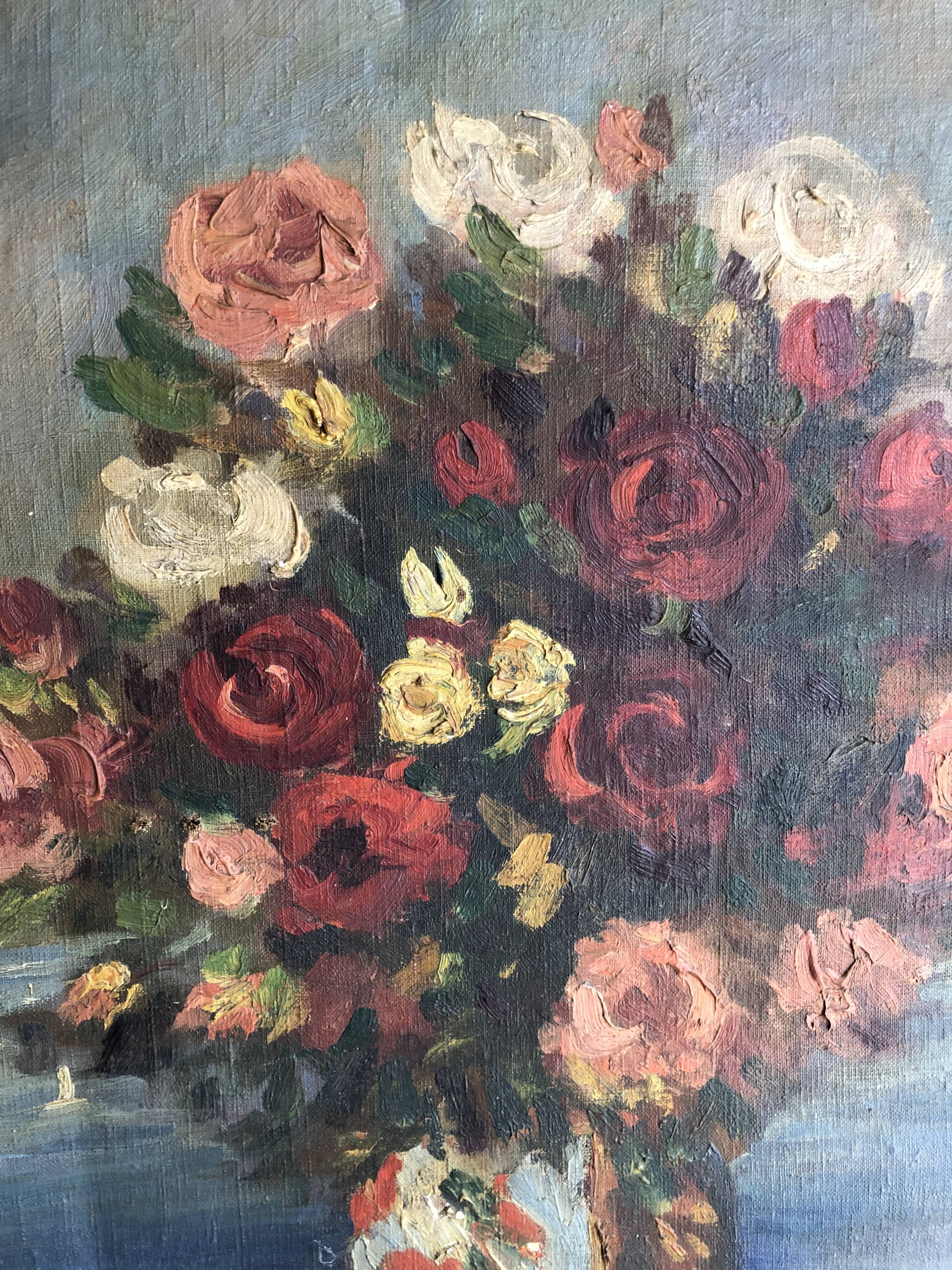 Oil on canvas ancient Bouquet of flowers