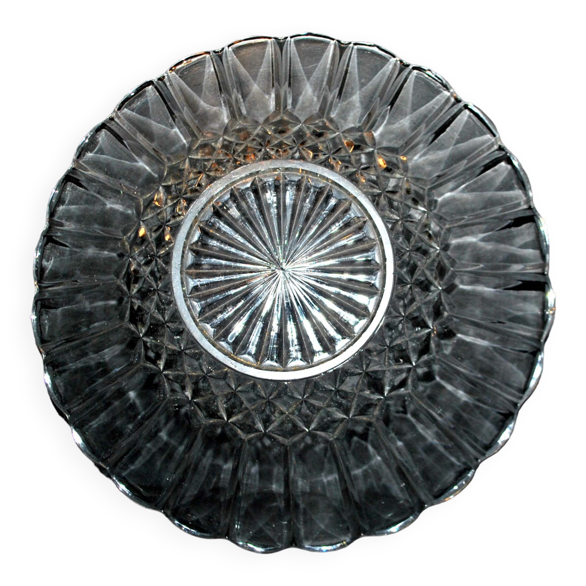 Large round antique dish in pressed-molded glass -