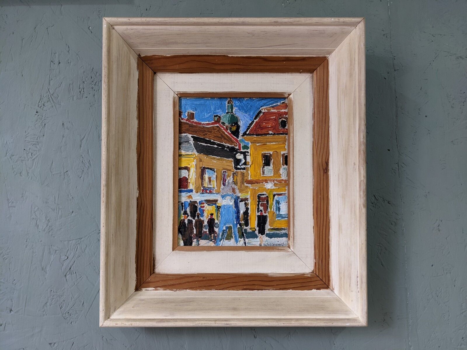 Mid-Century Modern Swedish Oil Painting "Pedestrians", Framed Street Scene