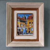 Mid-Century Modern Swedish Oil Painting "Pedestrians", Framed Street Scene