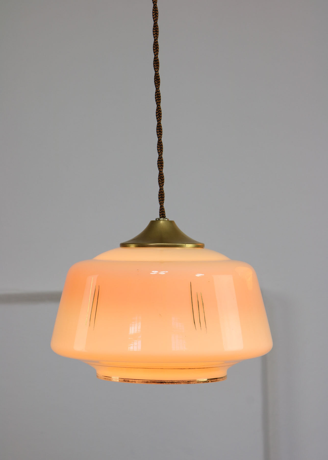 Mid-century glass & brass pendant lamps, set of 2