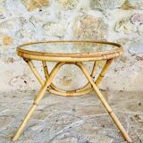 Round bamboo and rattan coffee table with glass top, circa 1960s