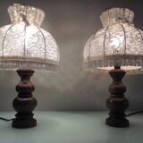 Pair of turned wooden bedside lamps and lace/vintage lampshade 60s-70s