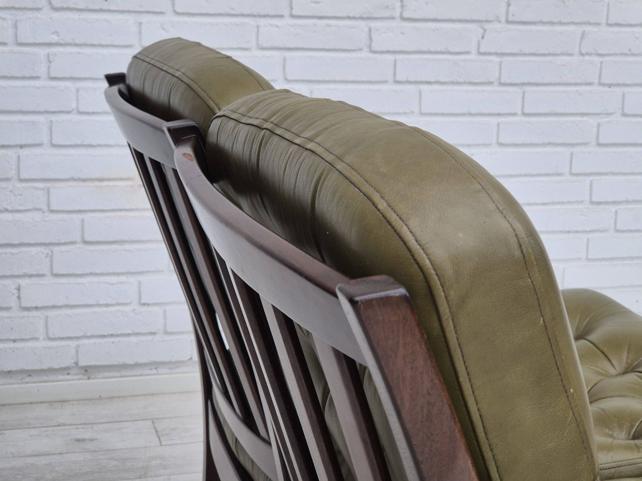 1970s, Scandinavian 2 seater sofa in original condition, green furniture leather, solid teak wood.