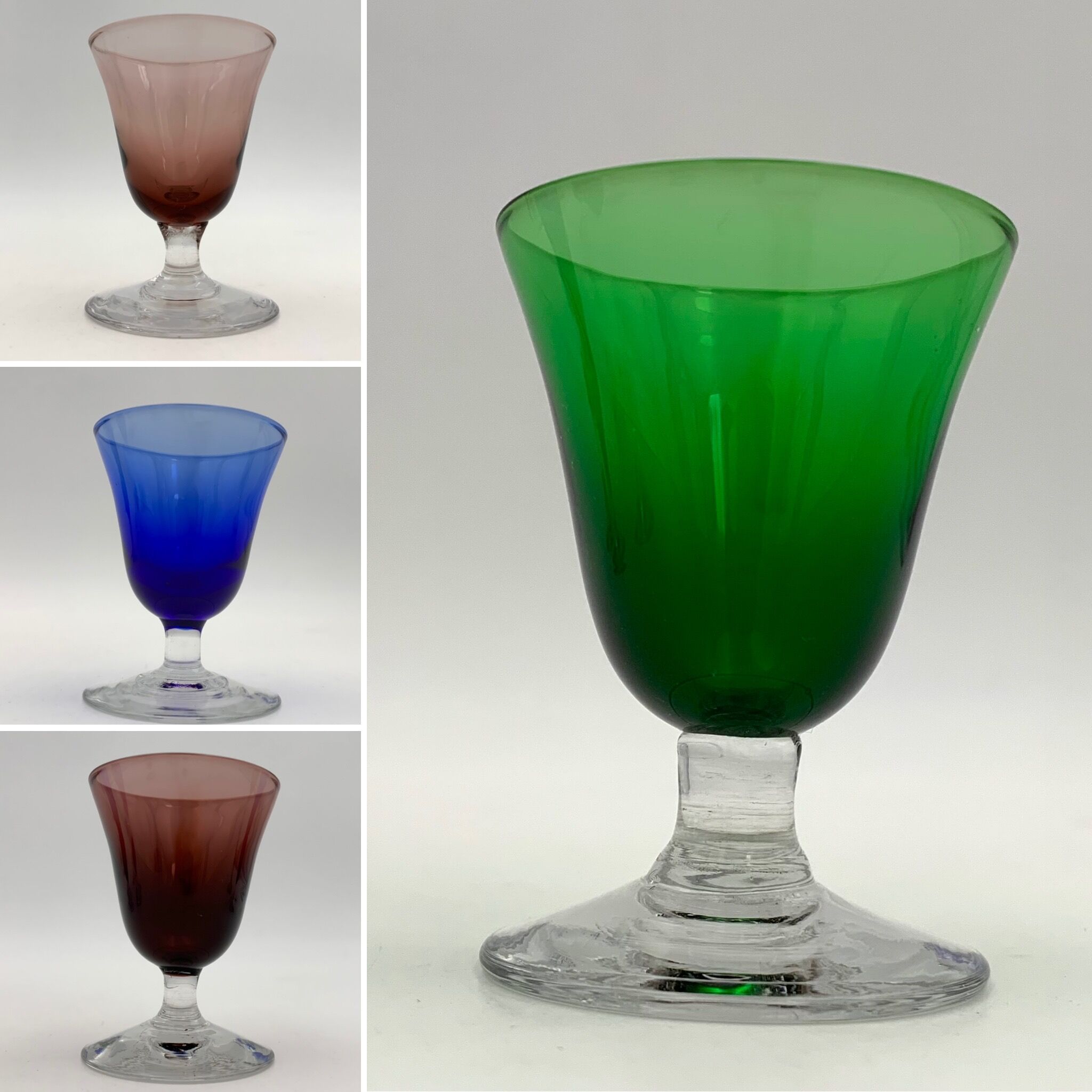Nine vintage liquor glasses, coloured glass 20th century