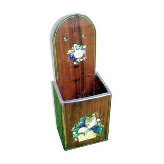 Old salt box walnut wood with floral and fruit decoration.
