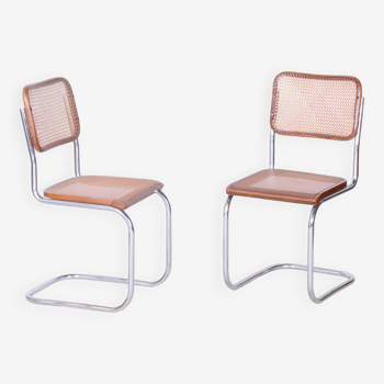 Restored Bauhaus Pair of Chairs, Robert Slezak, Chrome, Beech, Czechia, 1930s