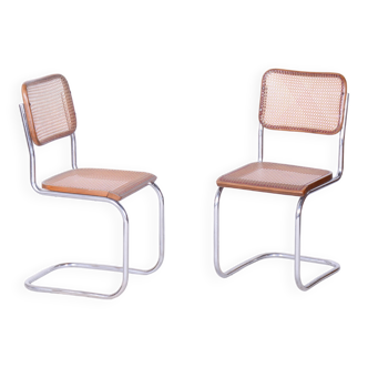 Restored Bauhaus Pair of Chairs, Robert Slezak, Chrome, Beech, Czechia, 1930s