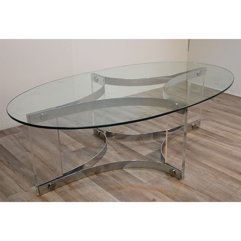 Table basse vintage en verre et métal chromé 1970