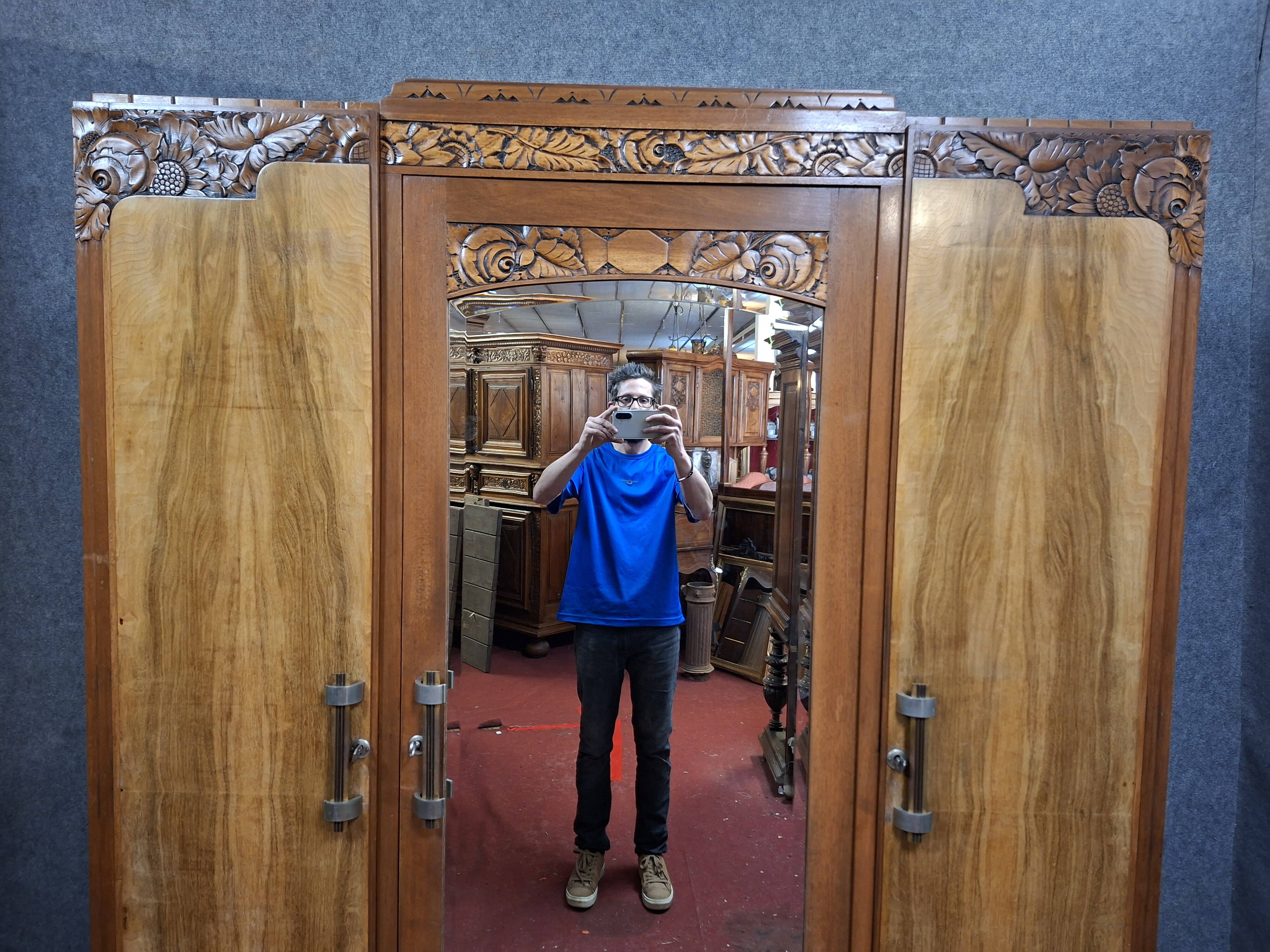 three-door wardrobe in fruitwood veneer, Art Deco style