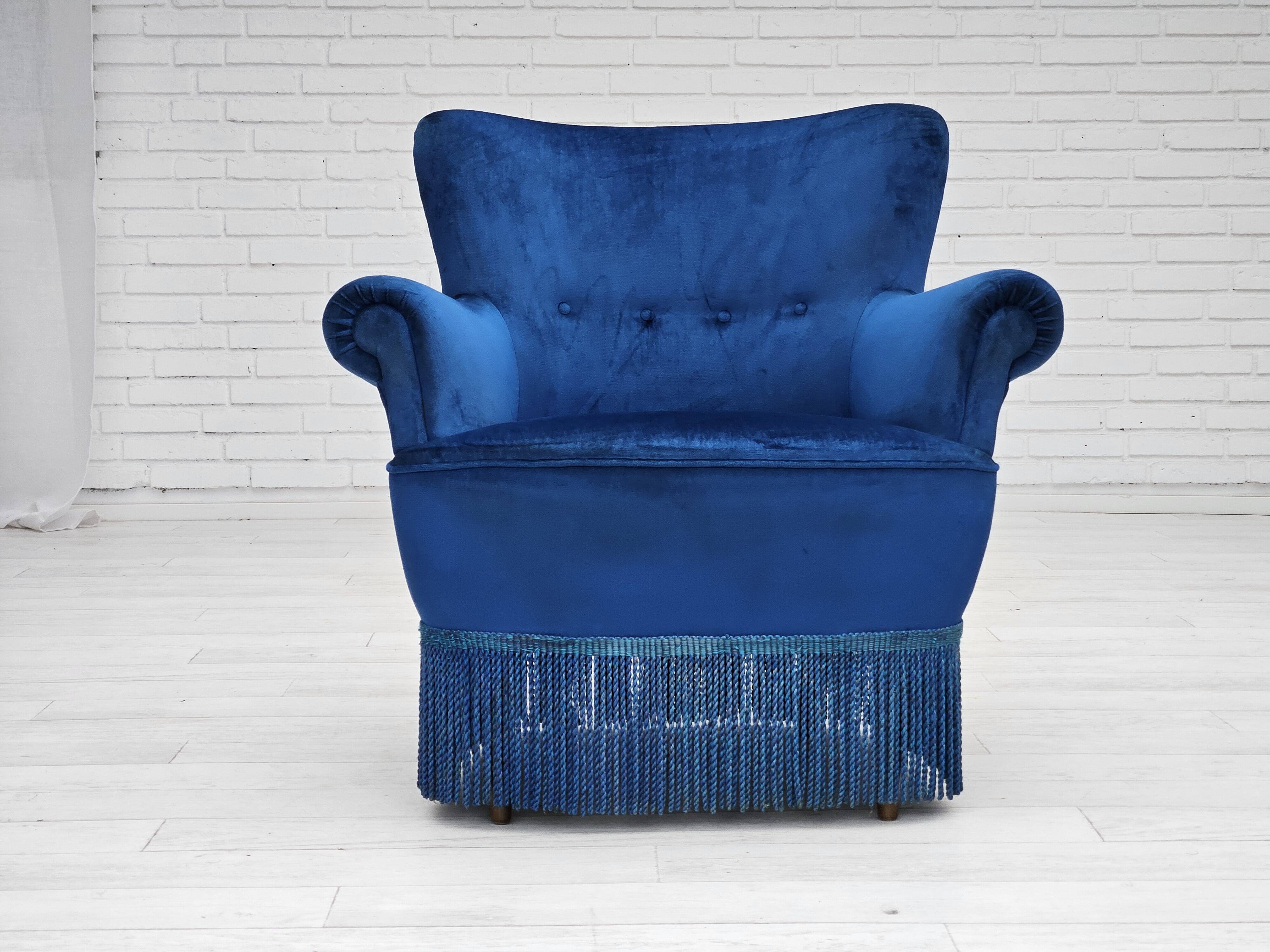 1960s, Danish lounge chair, blue furniture velour, beech wood legs.