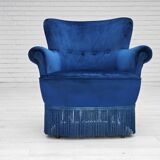 1960s, Danish lounge chair, blue furniture velour, beech wood legs.
