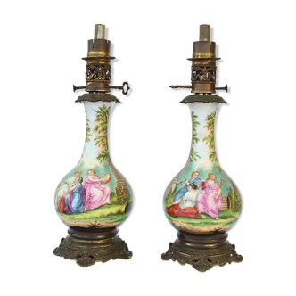 Pair of porcelain kerosene lamps