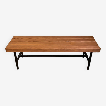 Banc en métal laqué noir et bois massif, Midcentury