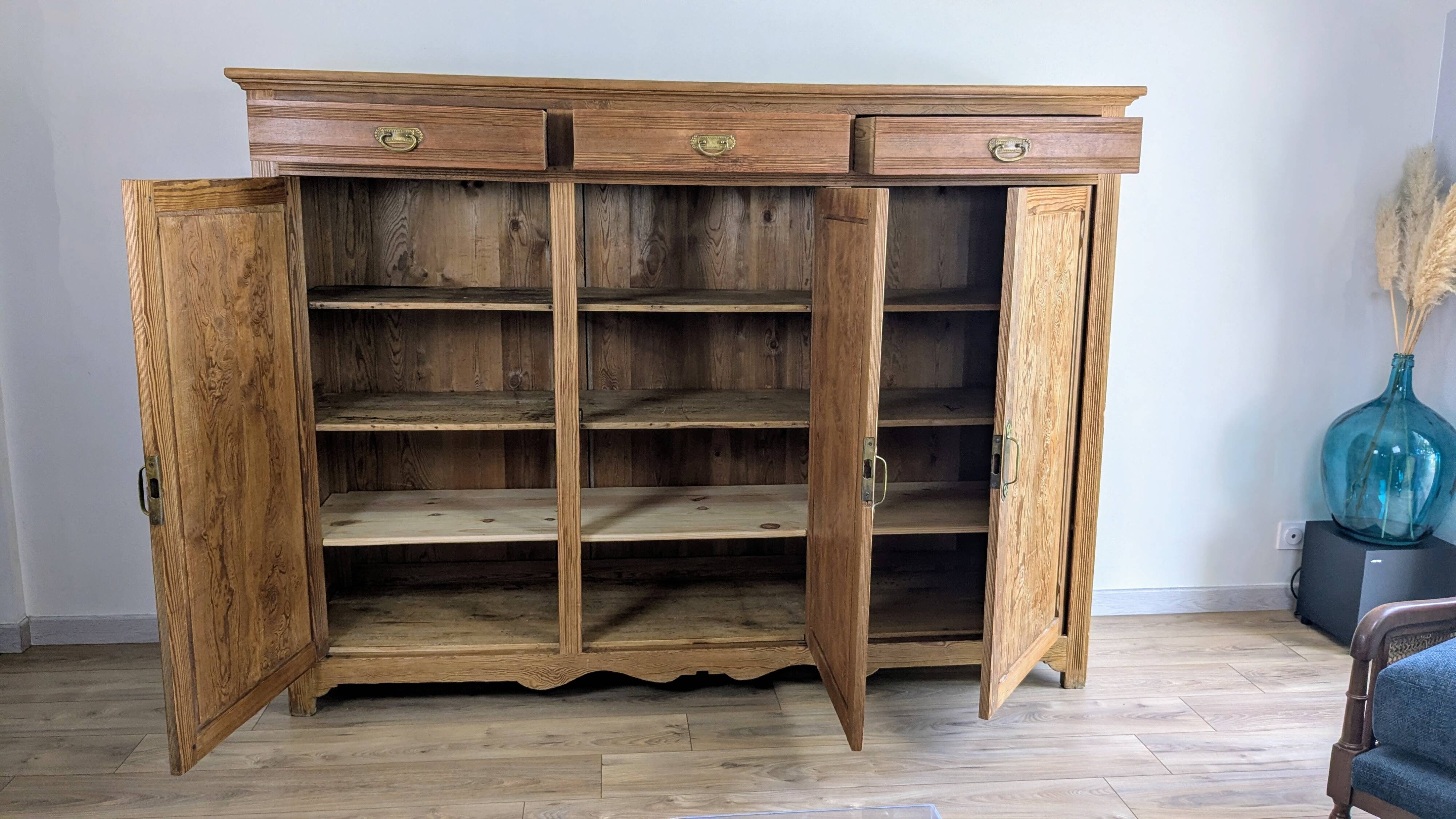 Large solid pitch pine sideboard, 206 x H150 cm, unique piece