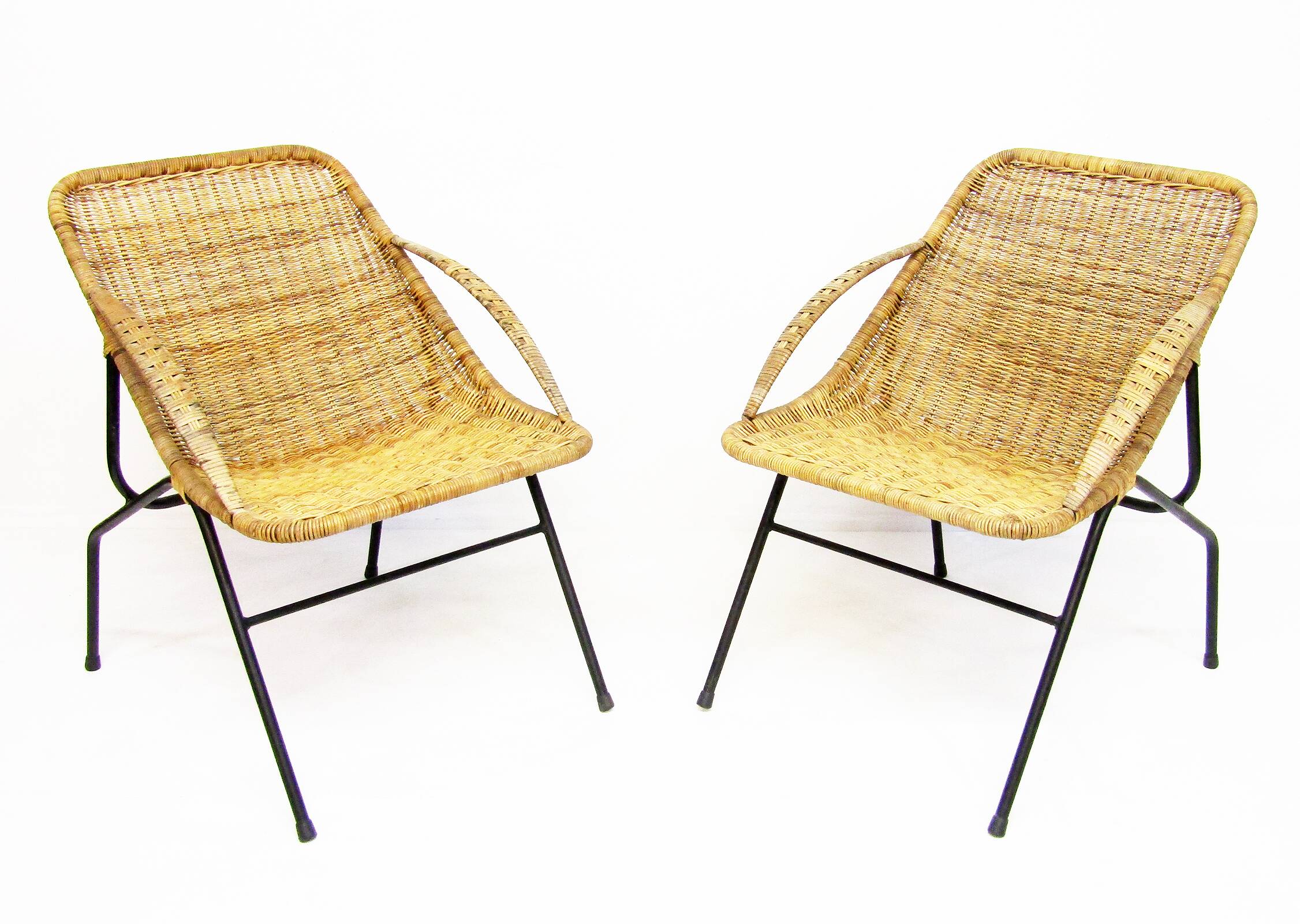 Pair Of 1950s French "Gazelle" Chairs In Rattan Wicker & Tubular Steel