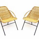 Pair Of 1950s French "Gazelle" Chairs In Rattan Wicker & Tubular Steel