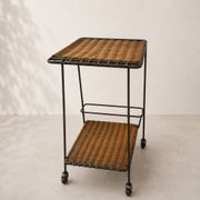 Vintage rolling dessert trolley in rattan and black metal – 1950s/60s