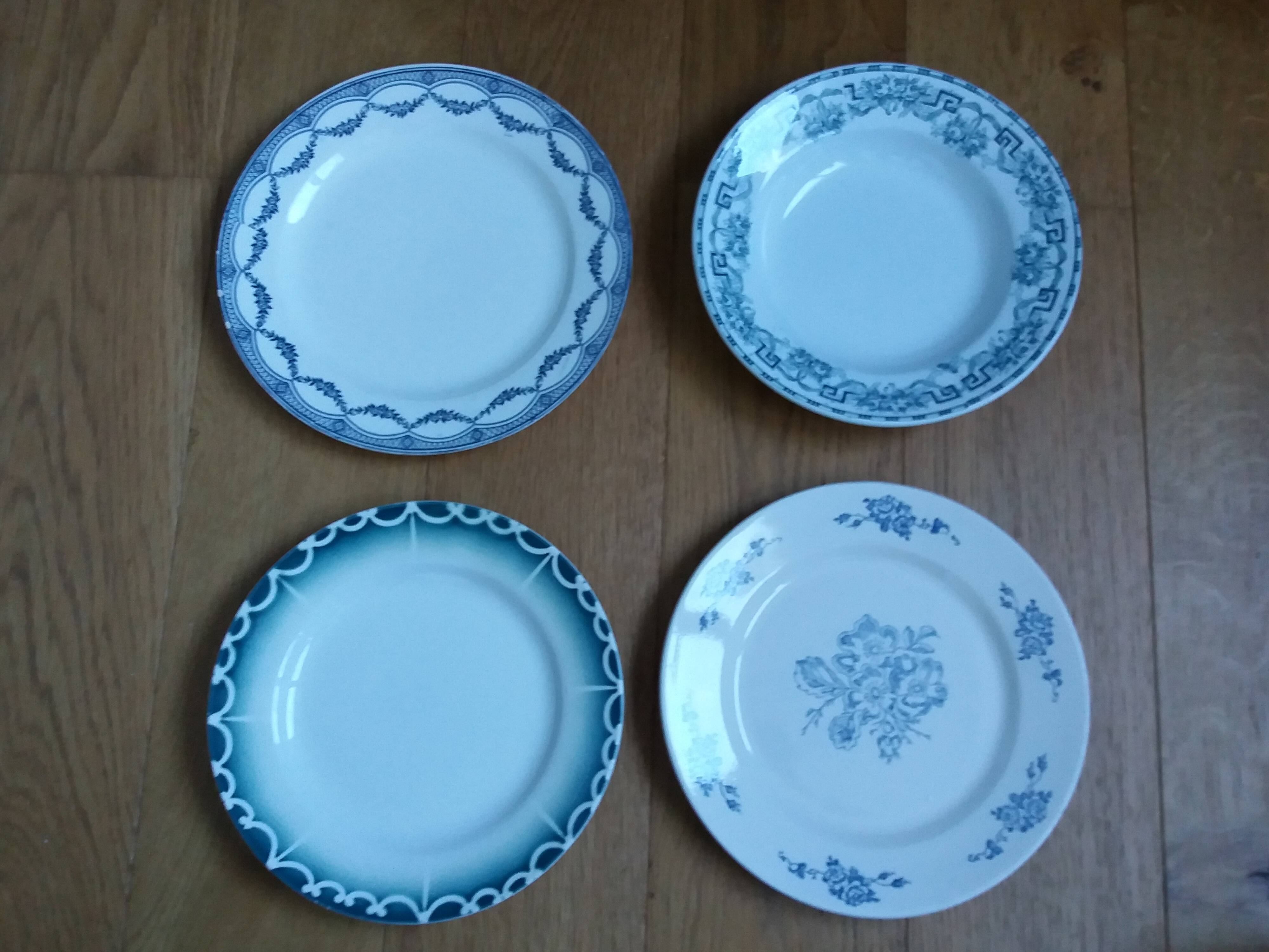 Old green and blue mismatched plates from Digoin, Salins, Moulin des Loups