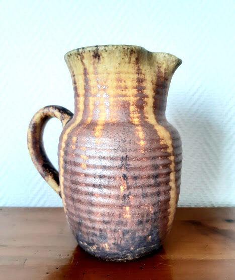 Vintage pitcher in flamed stoneware signed Guy