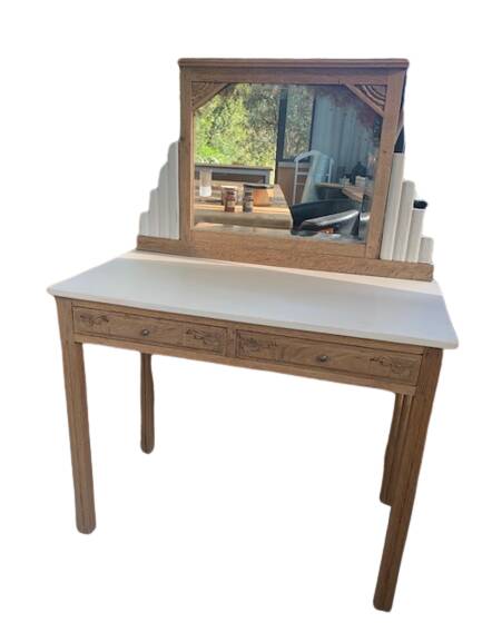 Coiffeuse Art Déco En Chêne - Forme U - Miroir Rond - Assise Pivotante - Occasion