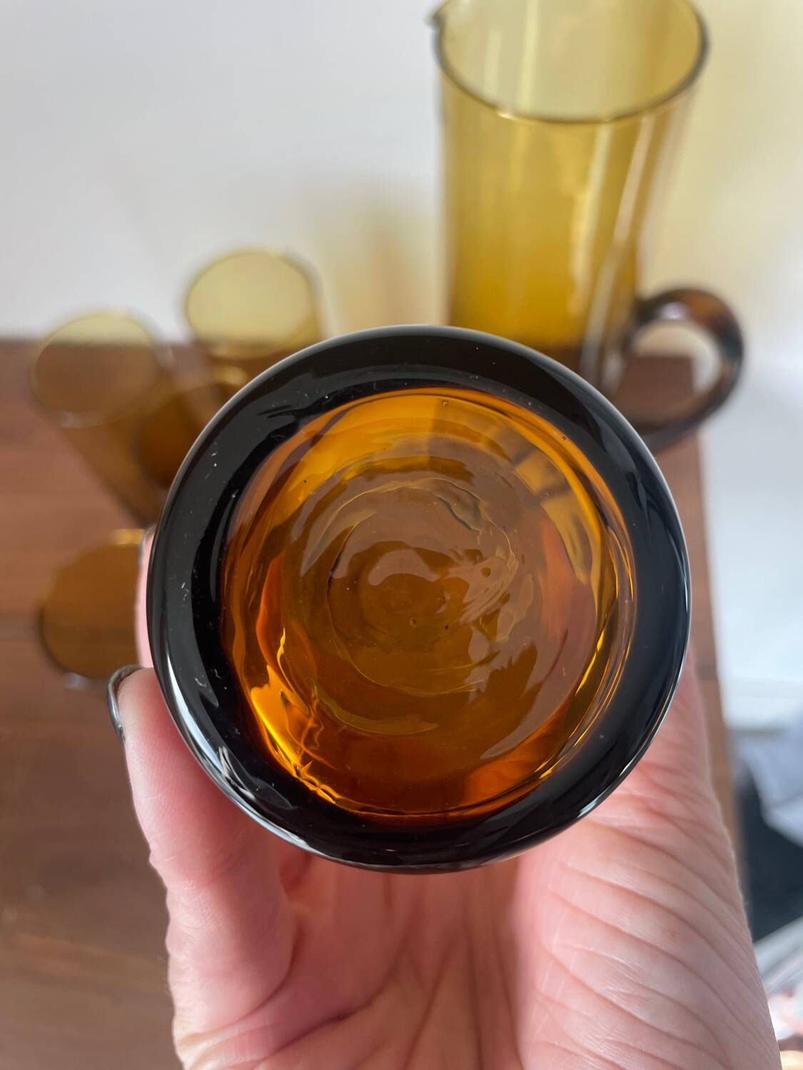 Amber blown glass orangeade service from the 1970s.