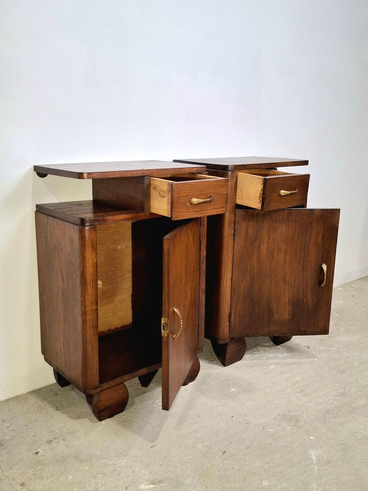 Vintage Art Deco Nightstands Pair Wooden Bedside Tables with Brass Har