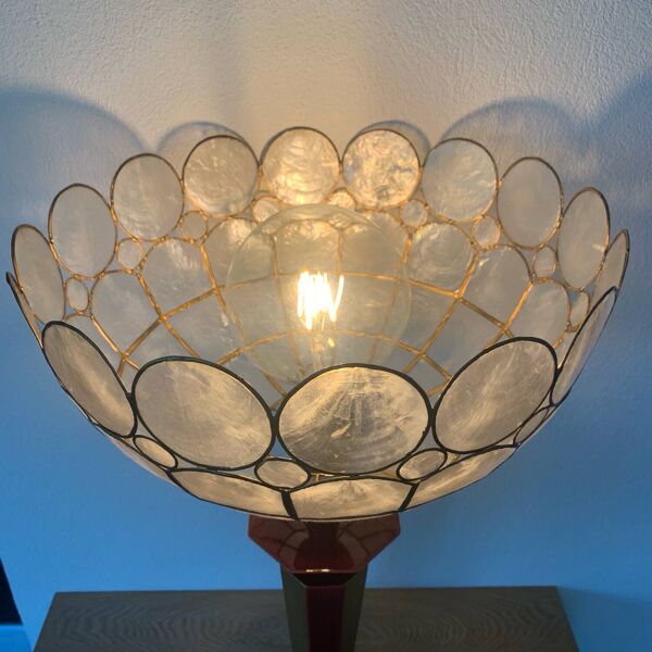 ▪️Lampe Vintage Le Dauphin Céramique Bordeau Et Or Et Abat Jour Nacre Art Deco