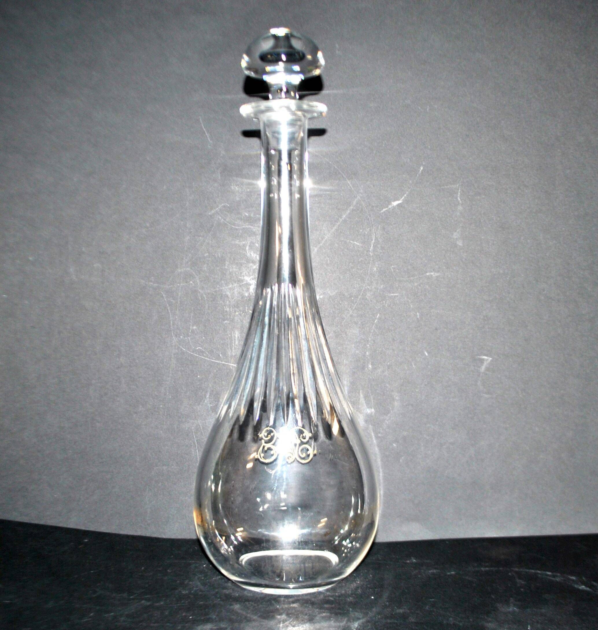 Carafe ancienne en cristal taillé et gravure dorée monogramme RG H33.5cm