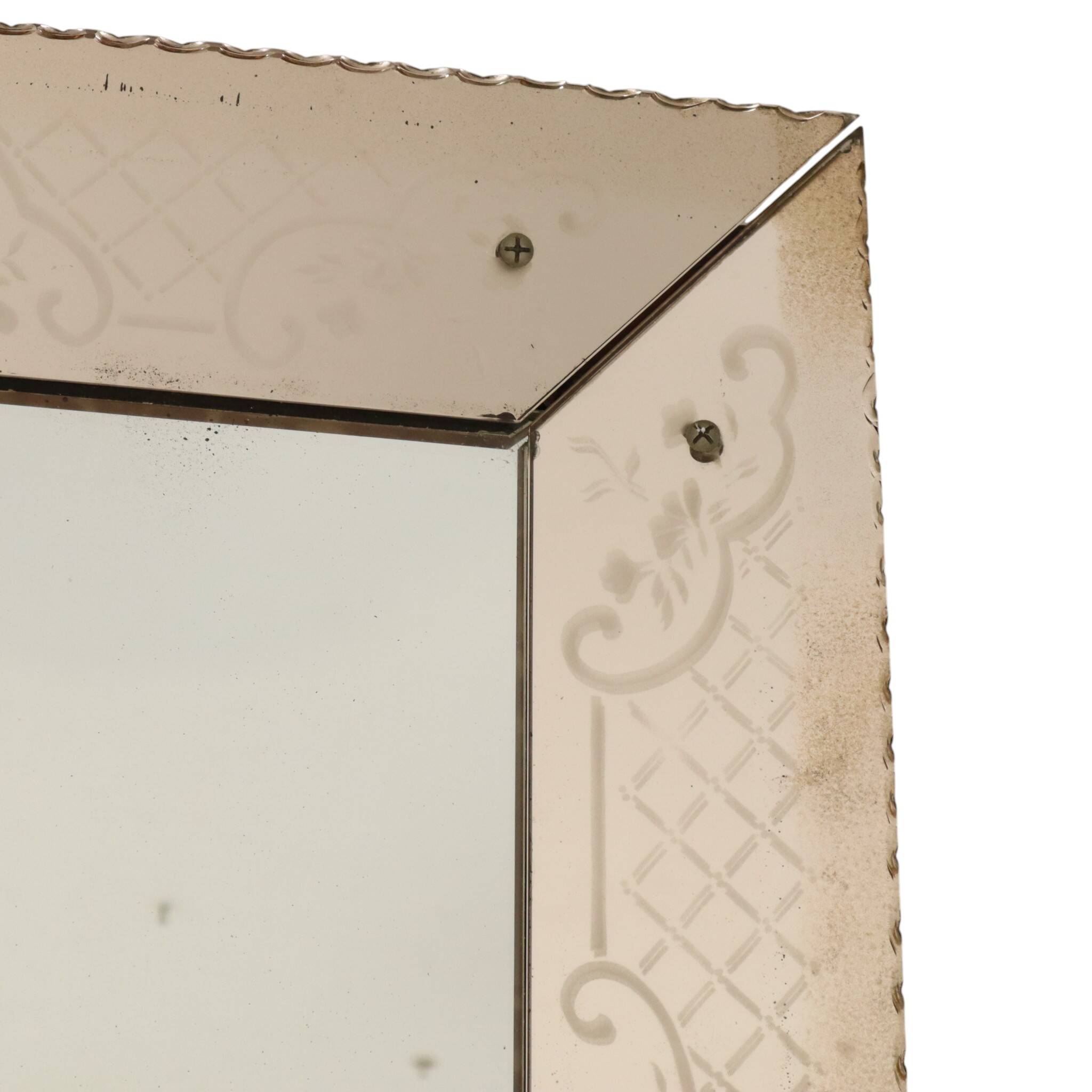 Large Venetian mirror, pink glass with engraved flowers, 77 cm