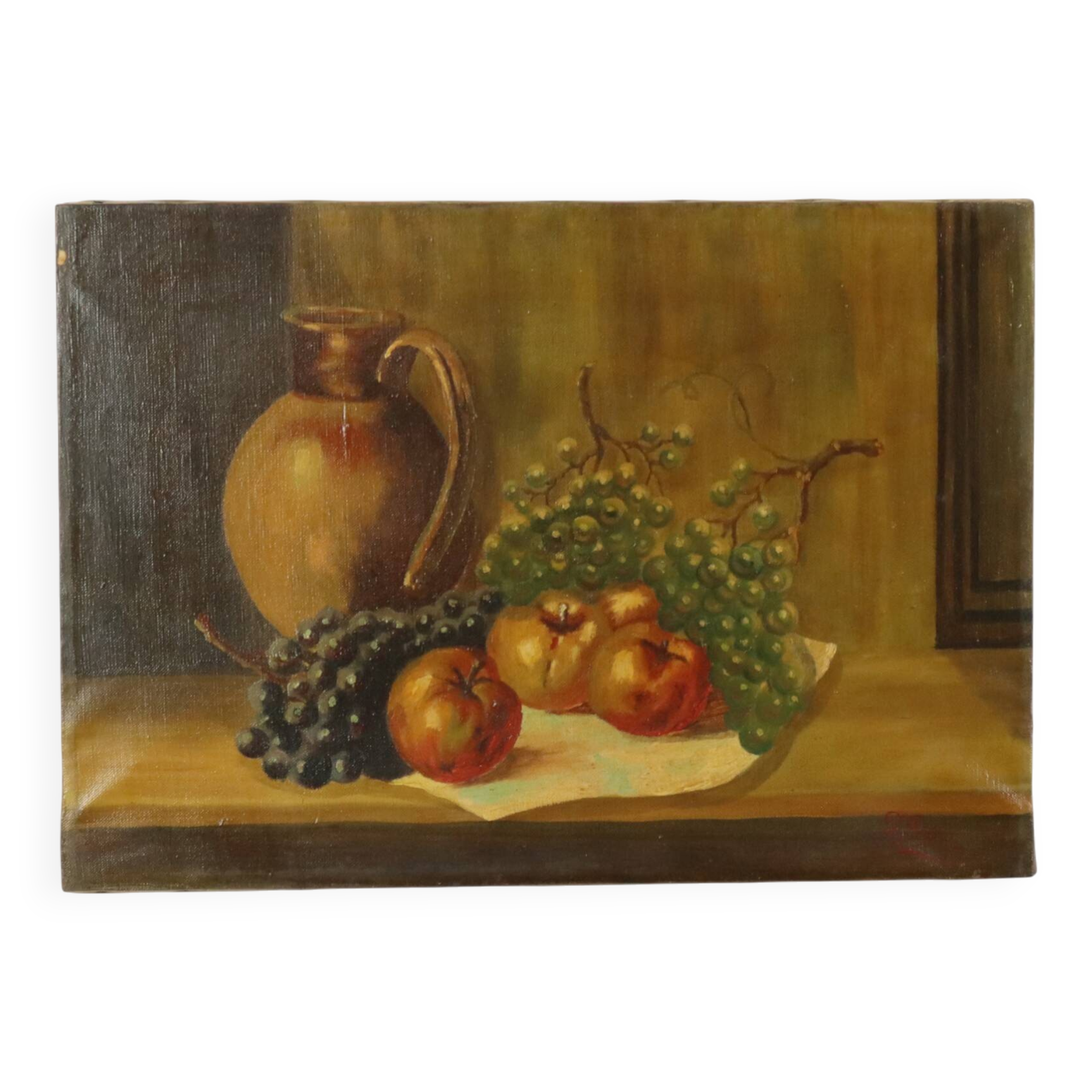 Still Life Fruit with a Jug Oil on Canvas Painting Signed