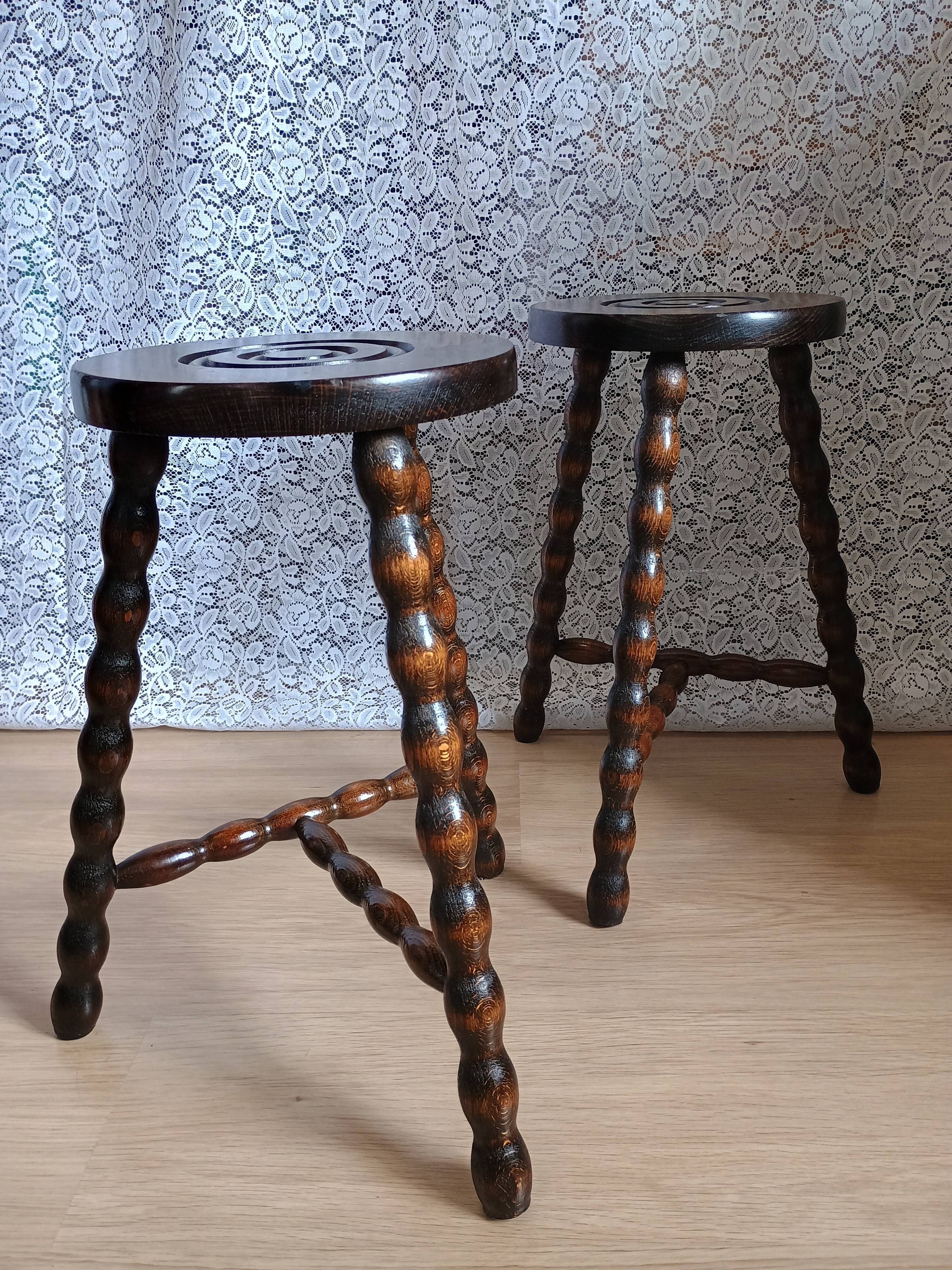 Pair of vintage turned wood tripod stools