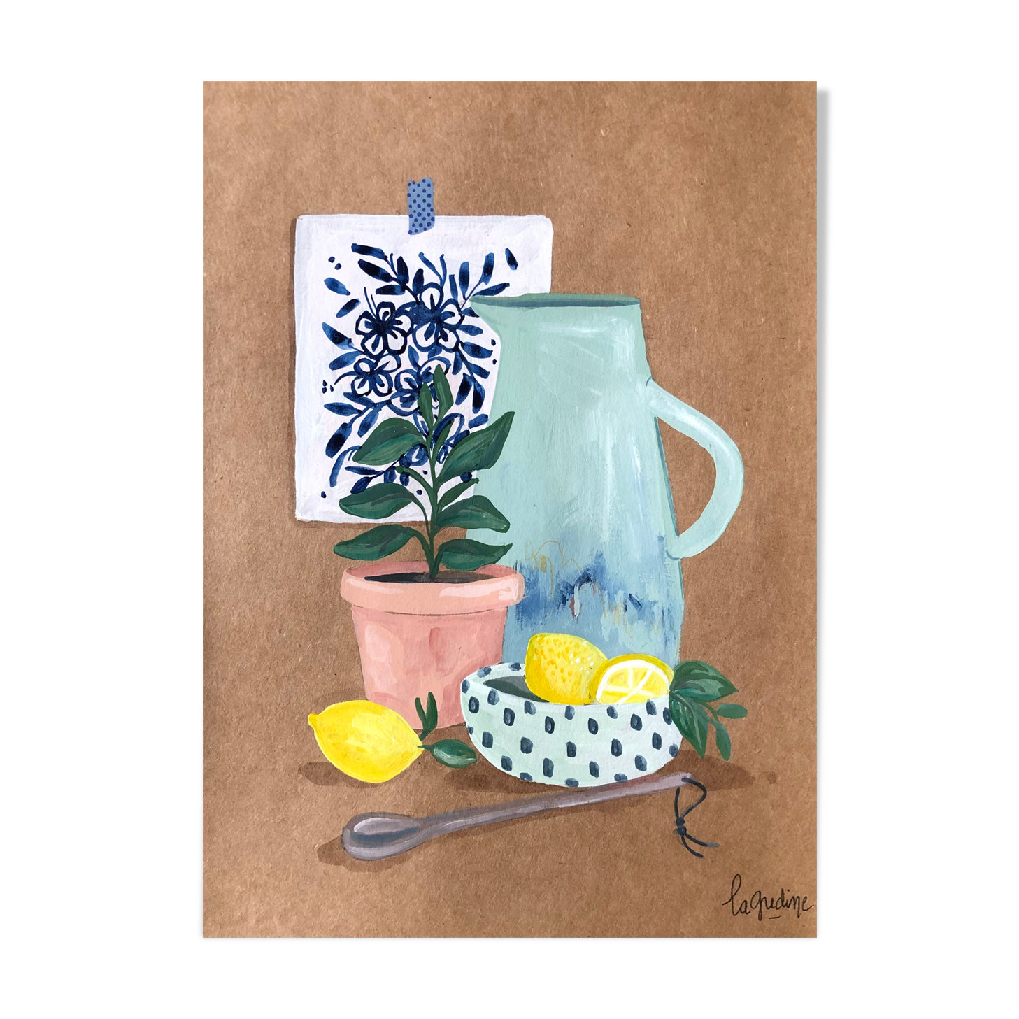 Original illustration A4 Blue and lemon carafe by Coeur de voyou