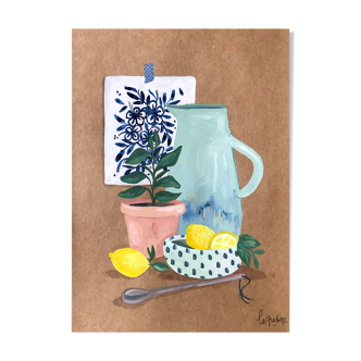 Original illustration A4 Blue and lemon carafe by Coeur de voyou