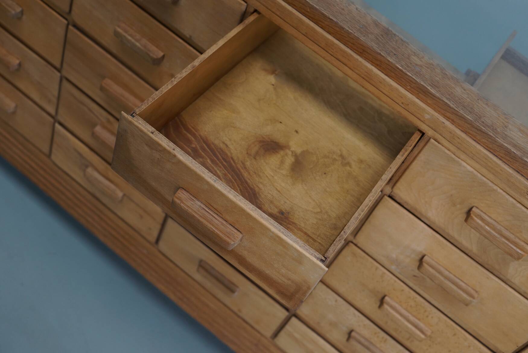 Antique British maple & oak haberdashery cabinet or shop counter, 1930s